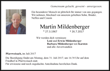Traueranzeige von Martin Mildenberger von Neue Presse Coburg