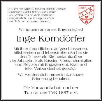 Traueranzeige von Inge Korndörfer von Frankenpost