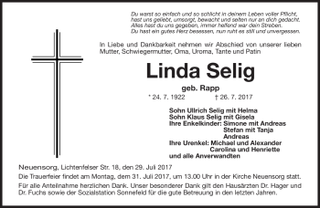 Traueranzeige von Linda Selig von Neue Presse Coburg