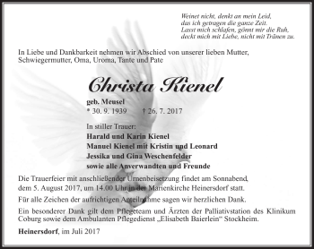Traueranzeige von Christa Kienel von Südthüringer Presse