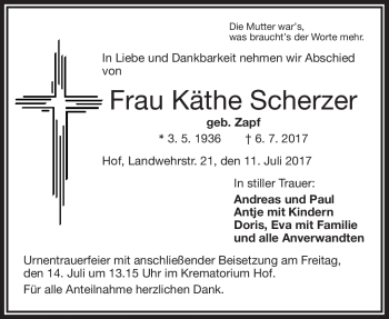 Traueranzeige von Käthe Scherzer von Frankenpost