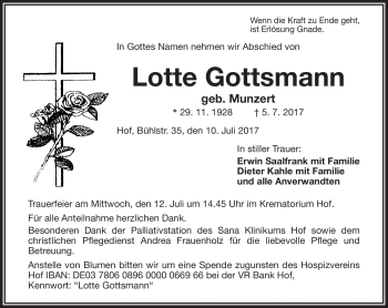 Traueranzeige von Lotte Gottsmann von Frankenpost