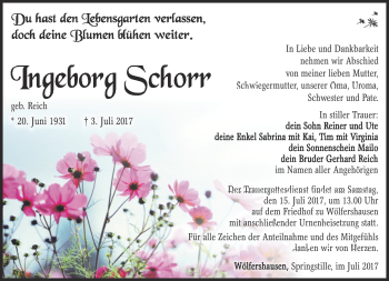 Traueranzeige von Ingeborg Schorr von Südthüringer Presse