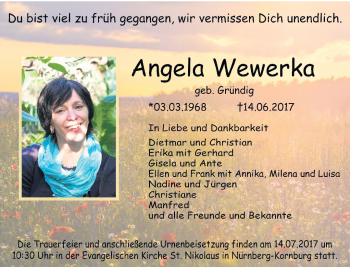 Traueranzeige von Angela Wewerka von Frankenpost