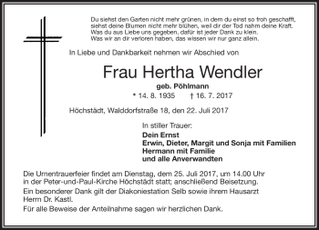 Traueranzeige von Hertha Wendler von Frankenpost