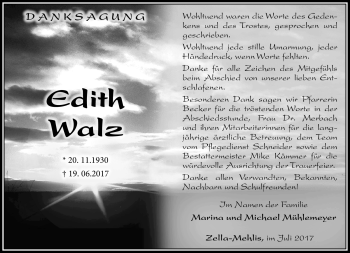 Traueranzeige von Edith Walz von Südthüringer Presse