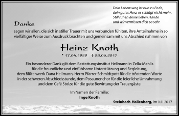 Traueranzeige von Heinz Knoth von Südthüringer Presse