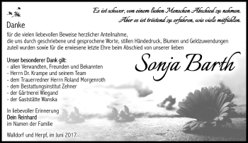 Traueranzeige von Sonja Barth von Südthüringer Presse