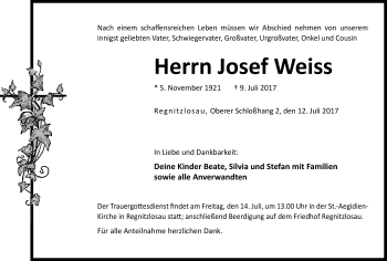 Traueranzeige von Josef Weiss von Frankenpost