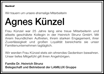 Traueranzeige von Agnes Künzel von Frankenpost