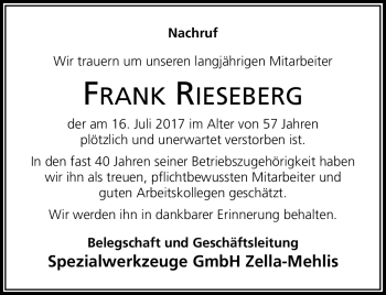 Traueranzeige von Frank Riesenberg von Südthüringer Presse