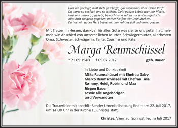 Traueranzeige von Marga Reumschüssel von Südthüringer Presse