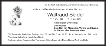 Traueranzeige von Waltraud Seidel von Frankenpost