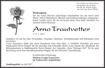 Traueranzeige von Arno Trautvetter von Südthüringer Presse