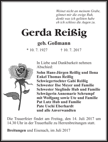 Traueranzeige von Gerda Reißig von Südthüringer Presse
