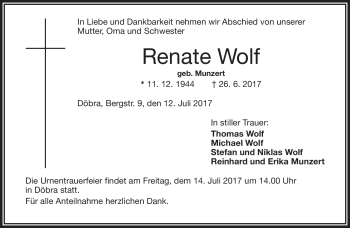 Traueranzeige von Renate Wolf von Frankenpost