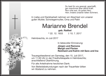 Traueranzeige von Marianne Brendel von Frankenpost
