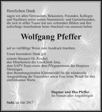 Traueranzeige von Wolfgang Pfeffer von Südthüringer Presse