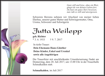 Traueranzeige von Jutta Weilepp von Südthüringer Presse