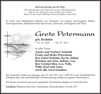 Traueranzeige von Grete Petermann von Südthüringer Presse