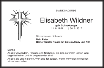 Traueranzeige von Elisabeth Wildner von Frankenpost