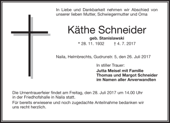 Traueranzeige von Käthe Schneider von Frankenpost