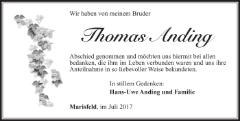 Traueranzeige von Thomas Anding von Südthüringer Presse