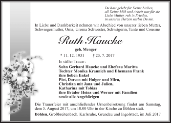 Traueranzeige von Ruth Haucke von Südthüringer Presse