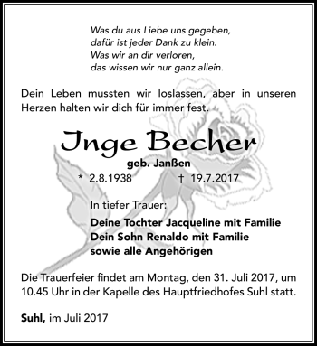 Traueranzeige von Inge Becher von Südthüringer Presse