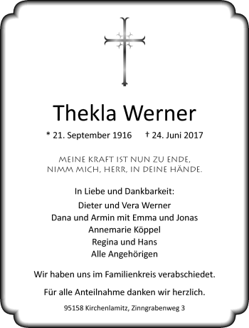 Traueranzeige von Thekla Werner von Frankenpost