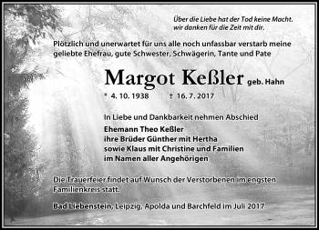 Traueranzeige von Margot Keßler von Südthüringer Presse