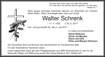 Traueranzeige von Walter Schrenk von Frankenpost
