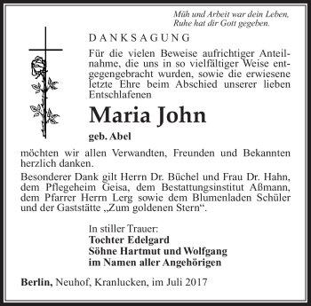Traueranzeige von Maria John von Südthüringer Presse