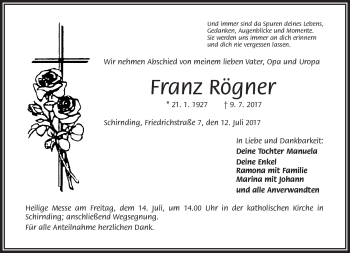Traueranzeige von Franz Rögner von Frankenpost