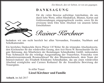 Traueranzeige von Rainer Kirchner von Südthüringer Presse