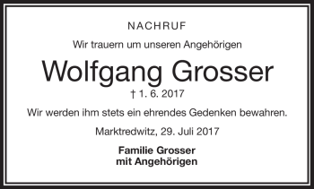 Traueranzeige von Wolfgang Grosser von Frankenpost