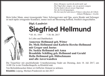 Traueranzeige von Siegfried Hellmund von Südthüringer Presse