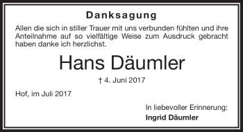 Traueranzeige von Hans Däumler von Frankenpost