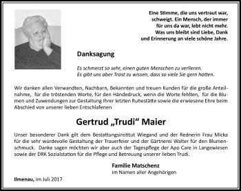 Traueranzeige von Gertrud Maier von Südthüringer Presse