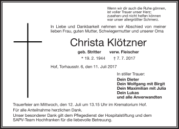 Traueranzeige von Christa Klötzner von Frankenpost