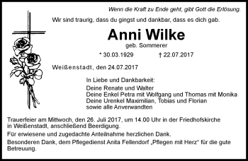 Traueranzeige von Anni Wilke von Frankenpost