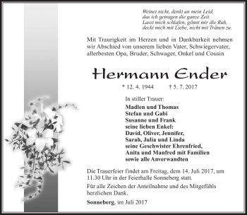 Traueranzeige von Hermann Ender von Südthüringer Presse