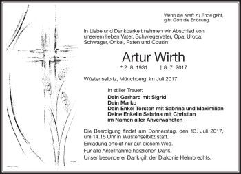 Traueranzeige von Artur Wirth von Frankenpost