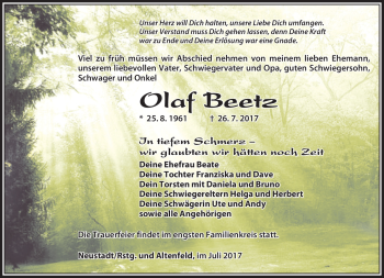 Traueranzeige von Olaf Beetz von Südthüringer Presse
