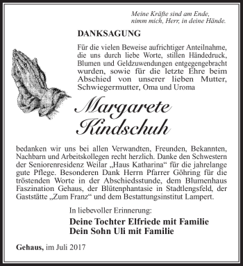Traueranzeige von Margarete Kindschuh von Südthüringer Presse