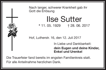Traueranzeige von Ilse Sutter von Frankenpost
