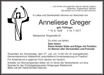 Traueranzeige von Anneliese Greger von Frankenpost