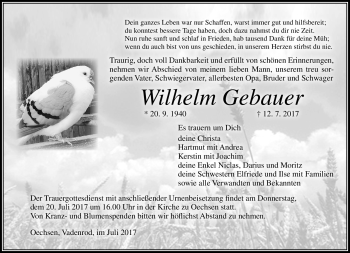 Traueranzeige von Wilhelm Gebauer von Südthüringer Presse