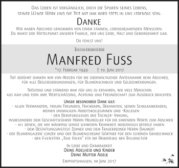 Traueranzeige von Manfred Fuß von Südthüringer Presse
