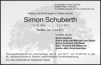Traueranzeige von Simon Schuberth von Neue Presse Coburg